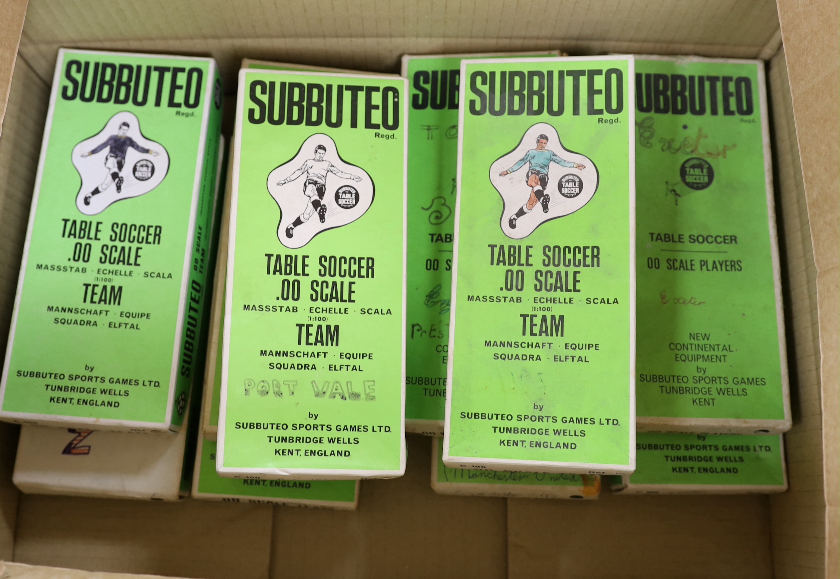 Eleven boxed Subbuteo table football teams, including; Blackpool, Exeter, Queens Park Rangers, Chelsea, Port Vale, Southampton, etc.